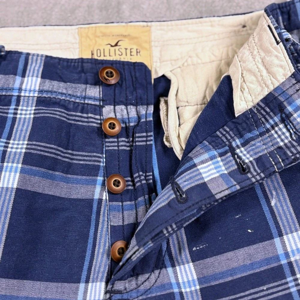 Hollister California Men's Plaid Shorts 33‎ W36 Blue Button Fly Paint Splatter